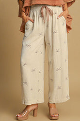 Umgee Full Size Lace Drawstring Embroidered Bow Wide Leg Pants Plus Size OutfitFlow